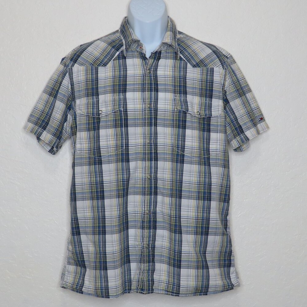 Hilfiger Denim* Men's Short Sleeve Snap Down Straight Hem Chest Pockets Shirt~XL